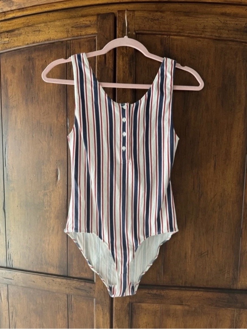 Anine Bing Striped Henley Tank Bodysuit in White, Navy & Red XS